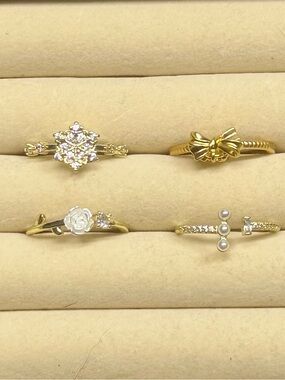 Gold Floral & Pearl Accent Women's Ring Set - Delicate Gold Stacking Rings